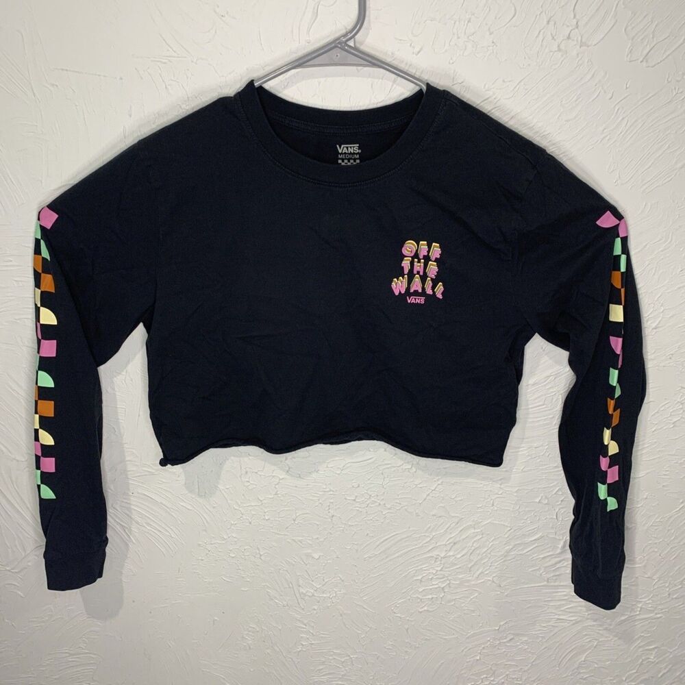 Vans Off The Wall Black Long Sleeve Crop Top with Multi-Color Checkered Sleeve